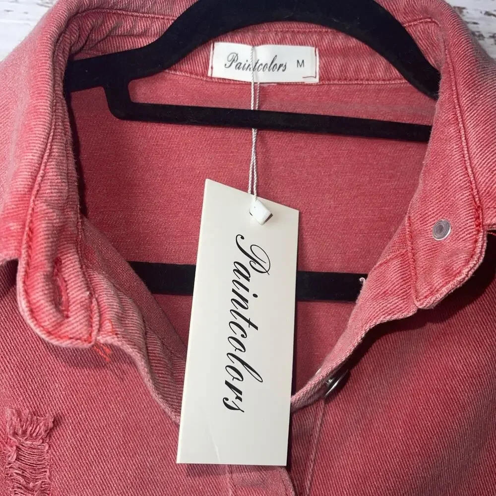 Paintcolors Distressed Indie Grunge Red Fringe Jean Jacket Medium - Picture 8 of 12